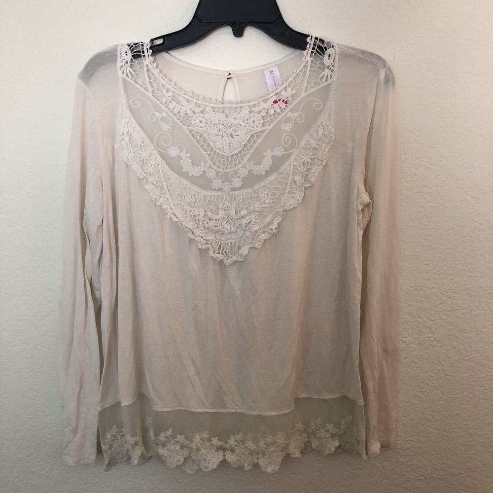 Long Sleeve White Lace Trimmed Shirt